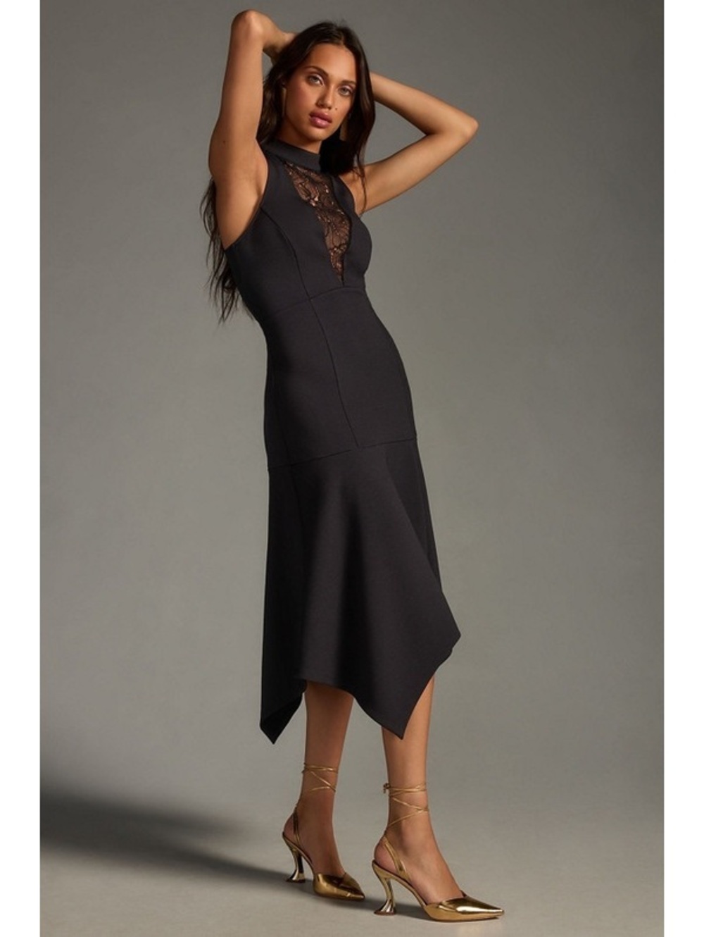 ANTHROPOLOGIE NWT MOCK NECK LACE INSET FIT AND FLARE BLACK